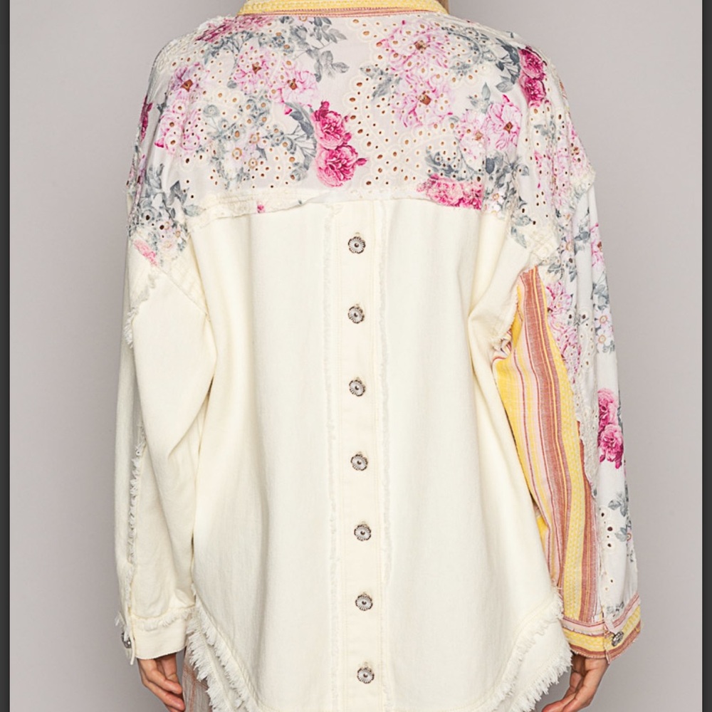 POL Floral & Striped Cream Jean Jacket with Pink Accents